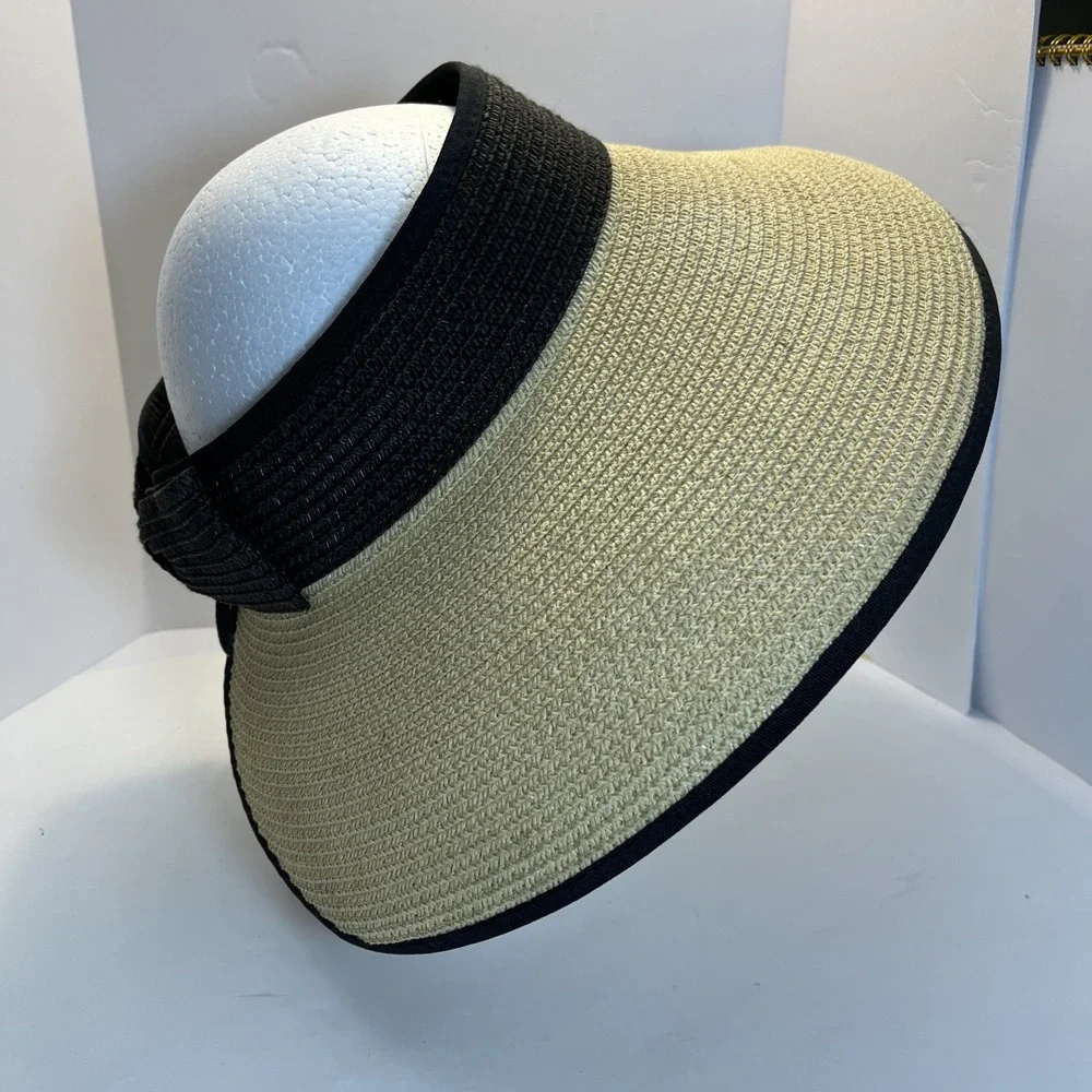 Magid Straw Visor Hat Black Trim Wide Brim Roll-Up Sun Hat w/ Bow‎ 100% Paper